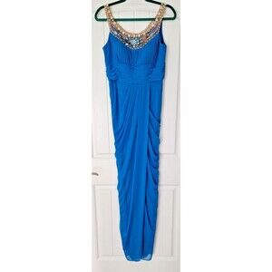 ADRIANNA PAPELL Blue Beaded Mesh Round Neck Draped Long Tapered Dress 10